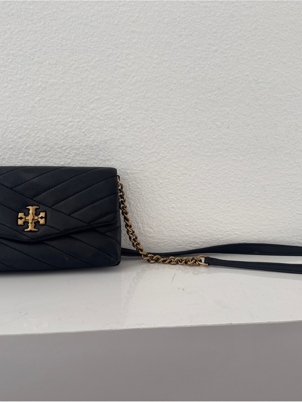 Tory Burch Black Quilted Leather Chain Crossbody with Gold Logo